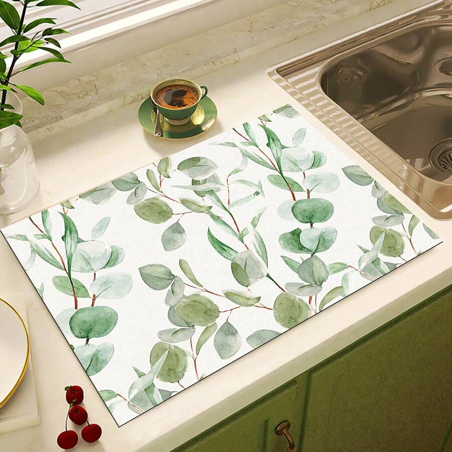 1pc Home Decor, Dishwashing Mat, Floral Drain Mat, Fresh Style, Coffee