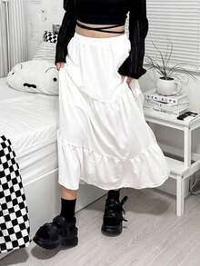 纯色弹性腰部荷叶边下摆中长 A 字裙