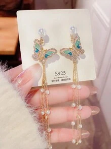 1 Pair Boho Floral Drop Dangle Earrings With Crystal Tassels, Wedding Party Jewelry Gift For Women