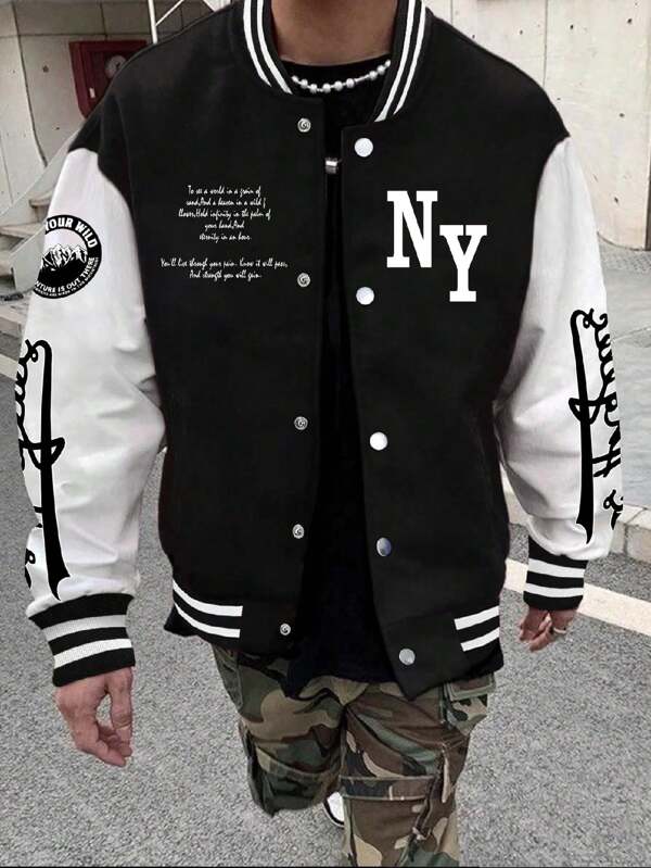 1pc Teen Boy Casual Personalized Patchwork Fashionable Graphic Print Decor Baseball Jacket, Autumn/Winter