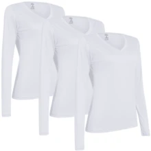 Kit With 5 Women's Long Sleeve Ribbed Knit V-Neck Blouses With Elastane - Various Colors - 5Trắng - Xem 3