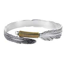 Vintage Open End Feather Design Bangle Bracelet For Men - Silver - View 6