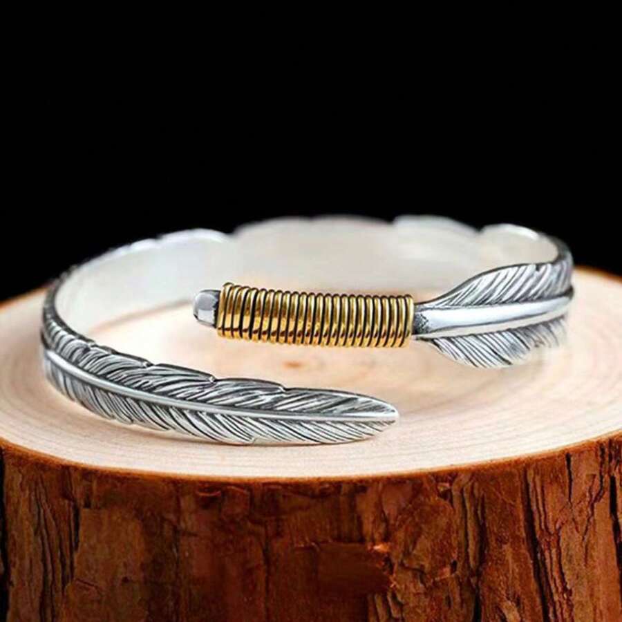 Vintage Open End Feather Design Bangle Bracelet For Men - Silver - View 1