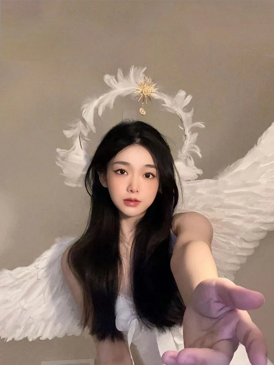 2 件天使翅膀和光环头饰头饰成人羽毛天使翅膀服装女式万圣节圣诞节角色扮演服装黑白大号 - 彩色 - 查看 1