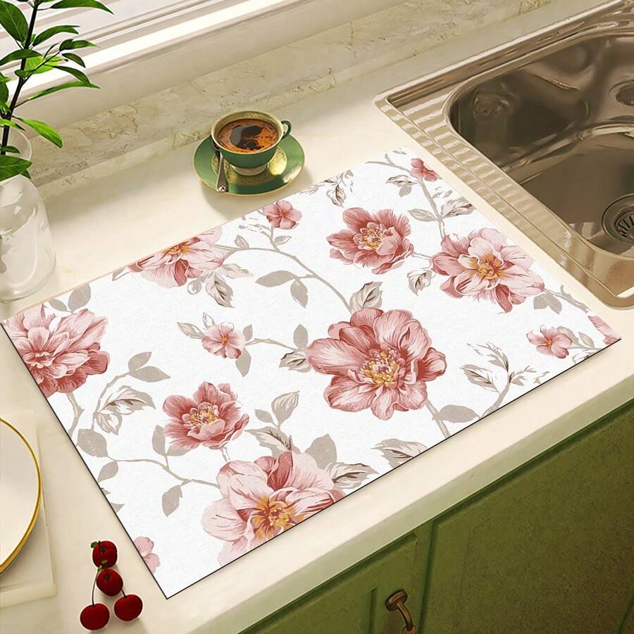 1pc Home Decor, Dishwashing Mat, Floral Drain Mat, Fresh Style, Coffee