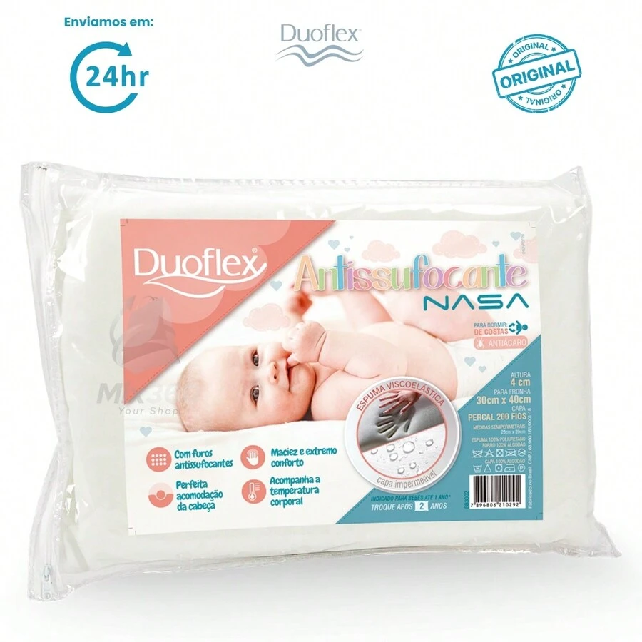 Baby Memory Foam Pillow With Anti-Suffocation Percale Cover, 200 Thread Count, Waterproof - Duoflex - trắng - Xem 1