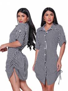 Kit 3 Striped Women's Shirt Dress Fashion Blogger - Tím + Đen + Xanh - Xem 3