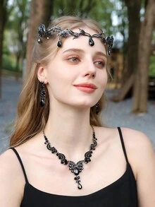 4 件复古优雅皇冠首饰套装，水晶莱茵石女王皇冠项链和耳环，新娘婚礼发饰，派对节日头饰 - 多色 - 查看 6