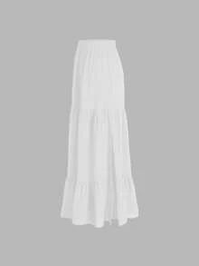 纯色弹性腰部荷叶边下摆中长 A 字裙