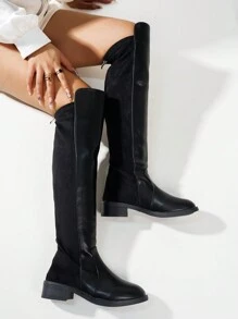 女士过膝靴黑色拼色弹力平底时尚瘦腿高筒靴后拉链低跟 - 黑色 - 查看 3