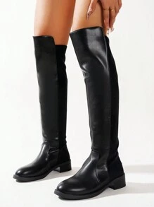 女士过膝靴黑色拼色弹力平底时尚瘦腿高筒靴后拉链低跟 - 黑色 - 查看 4