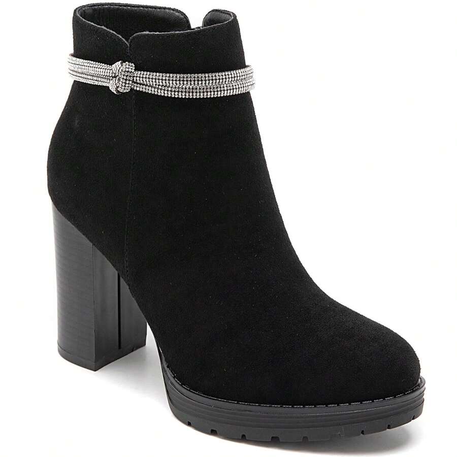 Black Suede High Heel Ankle Boots With Rhinestone Chain - Delicate Shine And Slim Silhouette - Black - View 1