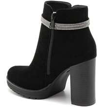 Black Suede High Heel Ankle Boots With Rhinestone Chain - Delicate Shine And Slim Silhouette - Black - View 3