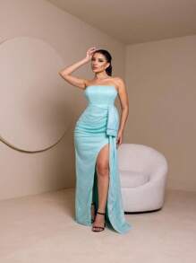 Luna Shiny Tulle Long Bridesmaid Dress - Màu xanh lam - Xem 1