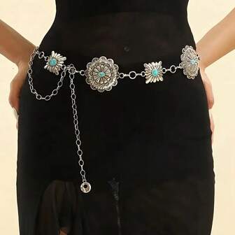 Cadena decorativa de estilo bohemio de metal con vanos, cadena decorativa con relieve de flor clásica, elegante cinturón de cintura para jeans y vestidos de mujer, cinturón de metal de aleación de cinc con patrón geométrico de estilo boho chic, elegante y sexy, adecuado para primavera, verano, otoño e invierno