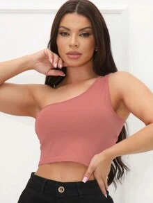 Cropped Tank Top Mula Manca One Shoulder Women's - Màu hồng gỉ - Xem 2