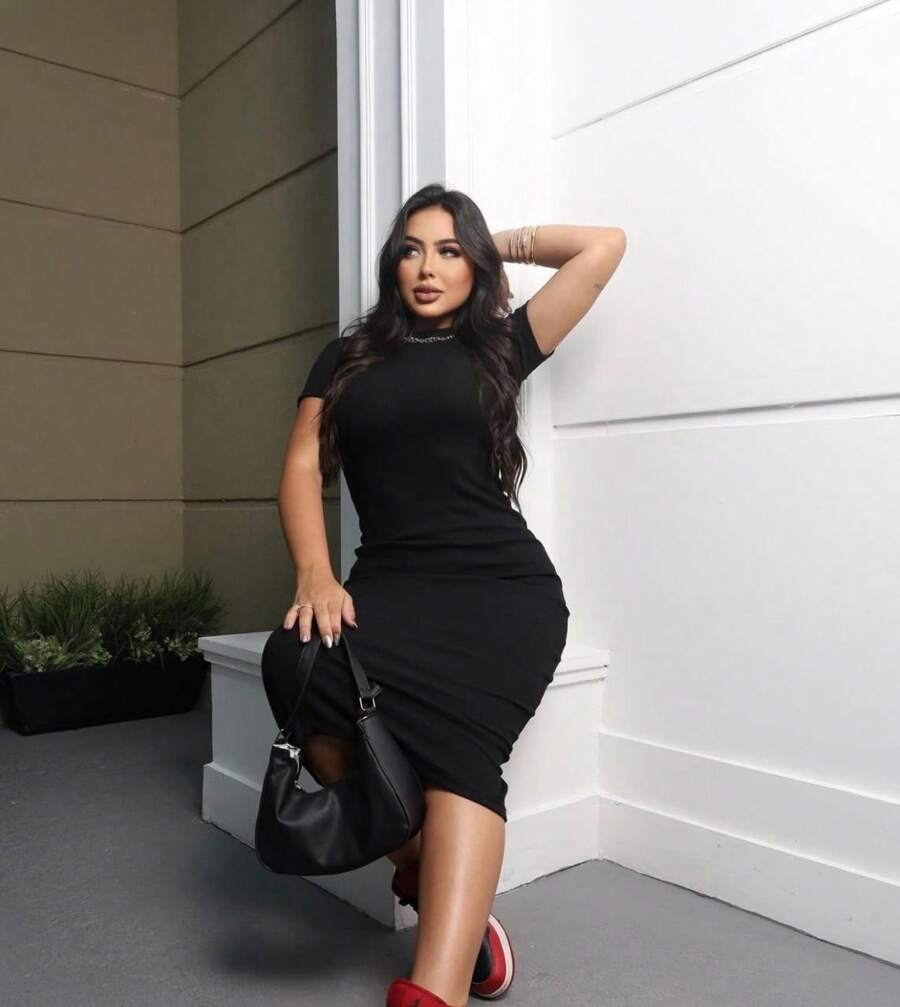 Stylish Women's Midi Dress Fits Super Well - màu đen - Xem 1