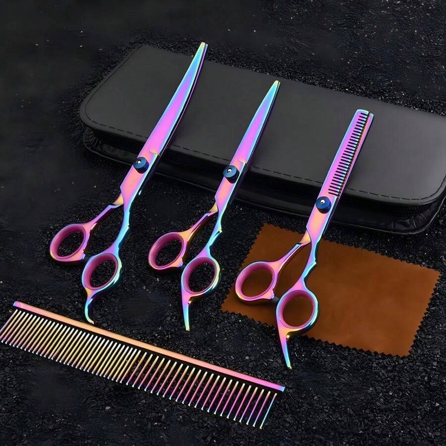 1set 7" Color Stainless Steel Pet Grooming Scissors & Brush, Suitable