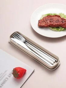 2/3/4pcs Stainless Steel Portable Cutlery Set, Travel Utensils, Reusable Camping Cutlery Set With Case, Including Fork, Spoon, Chopsticks And Box, Suitable For Western Dining, Kitchen, Lunch Box, Office, Picnic, Daily Meals, Christmas, Various Combinations Can Be Used As Christmas Gifts
