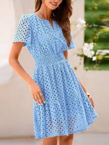 Valentine's Day  Women's Summer Skirt V-Neck Short Sleeve A-Line Hollow Lace Ruffled Cute Casual Dress - Light blue - View 3