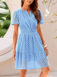 Valentine's Day  Women's Summer Skirt V-Neck Short Sleeve A-Line Hollow Lace Ruffled Cute Casual Dress - Light blue - View 5
