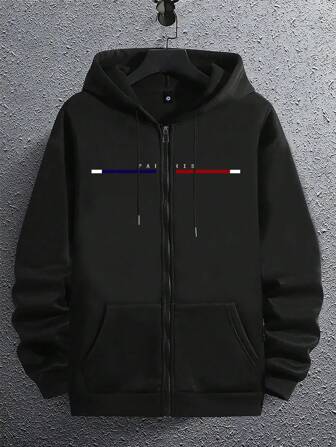 Colorful Ribbon Letter Print Casual Sports Jacket Comfortable Minimalist Men's Long Sleeve Outerwear, For Fall