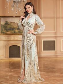 Vestido elegante de manga larga con cuello en V y lentejuelas en línea A con detalle dividido para mujer - Albaricoque - Ver 4