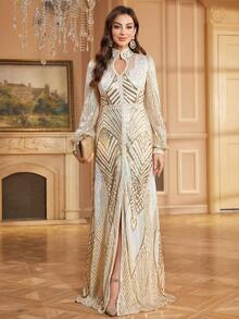 Vestido elegante de manga larga con cuello en V y lentejuelas en línea A con detalle dividido para mujer - Albaricoque - Ver 7