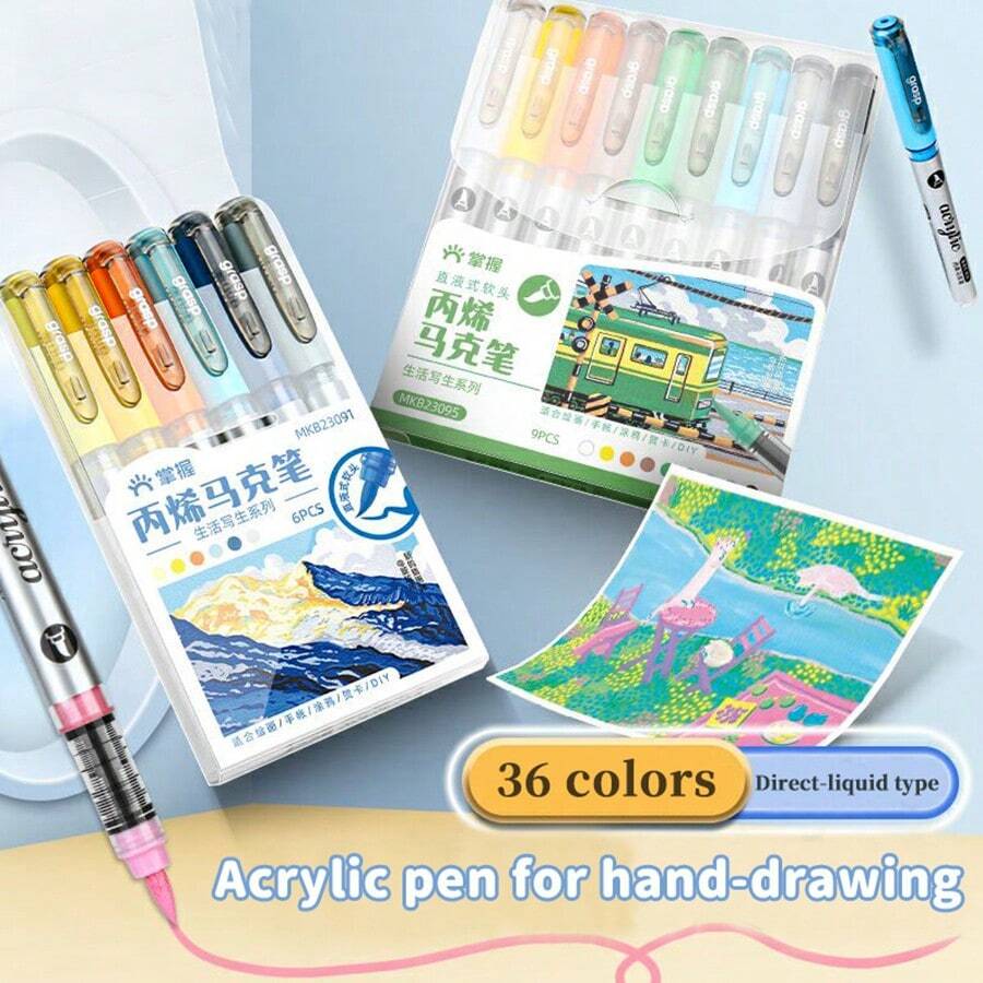 9 Color Set Of 36pcs WaterBased Soft Tip Acrylic Markers With Simple