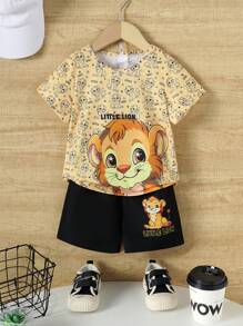 Young Boy Summer Casual Lion Print Round Neck Short Sleeve T-Shirt And Lion Print Shorts Set - Yellow - View 1
