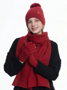 3pcs Set: Knitted Hat, Scarf, And Gloves, Warm Double-Layer Thermal Lined, Knit Beanie Cap For Women, Autumn/Winter