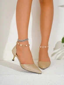 2024 新款时尚优雅尖头高跟鞋，带踝带 - 香檳色 - 查看 4