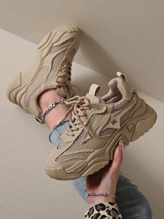 2024 New Women's Thick Sole Casual Shoes Mesh Khaki Color All-Season Sport Shoes Flat Splicing Breathable Outdoor Chunky Sneakers