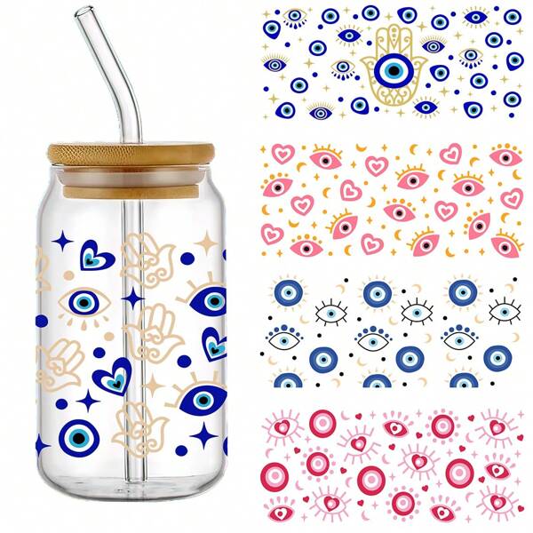 Set de 5 pegatinas autoadhesivas impermeables de transferencia de impresión DTF de ojo azul rosa con protección UV para taza, botella de agua, lata de 16 onzas, etiquetas de cristal 3D resistentes al agua y a los arañazos, pegatinas de envoltura DIY para vaso y botella, adhesivo de alta calidad (11x24cm) 4.3inx9.4in