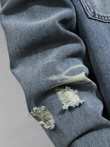 1 件中度洗涤做旧修身男士牛仔夹克，时尚街头风格 - 中等水洗藍 - 查看 7