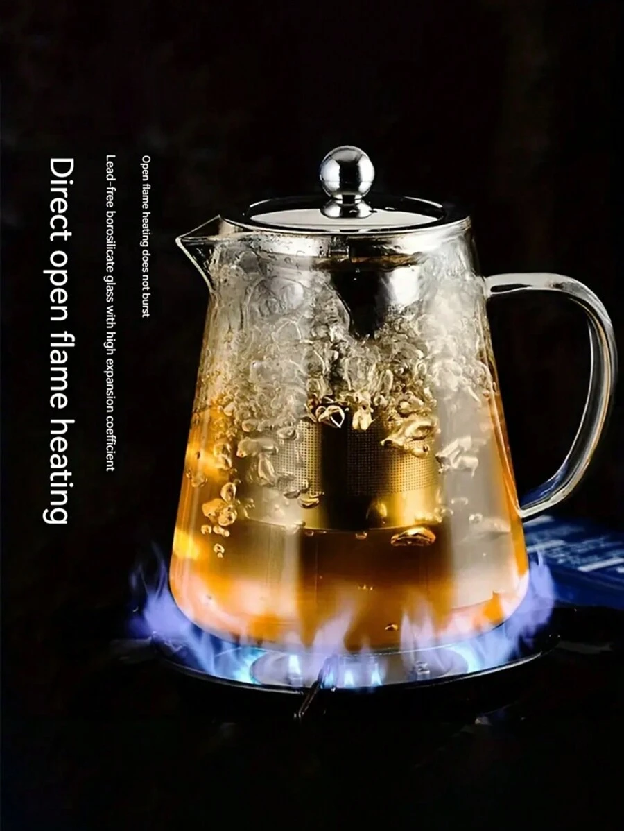 1pc 304 Stainless Steel Glass Teapot, Heat-Resistant With Filter, Suitable For Home, Restaurant, Office And Camping, For Beverage Supply In Summer And Winter Back To School