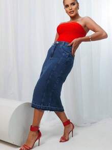 Women's Jeans Skirt With Detail On The Hem - Rửa tối - Xem 2