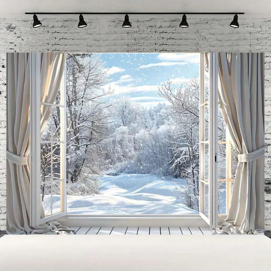 多功能圣诞横幅 - 涤纶冬季仙境雪景摄影背景，雪花森林场景窗景派对装饰，节日树风景照相亭墙壁装饰，无需电力 - 彩色 - 查看 1