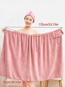 2pcs Women Letter & Floral Embroidery Pink Robe With Matching Bathrobe Caps, Suitable For Homewear Summer Wedding Home Bathroom Decor Back To School - Bean Paste Embroidered Bath Skirt and Shower Cap Two-piece Set - View 3