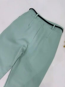 Women's Set: Summer Sleeveless Solid Color Round Neck Top And Wide Leg Pants With Belt And Bag - Mint Green - View 8
