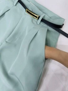 Women's Set: Summer Sleeveless Solid Color Round Neck Top And Wide Leg Pants With Belt And Bag - Mint Green - View 6