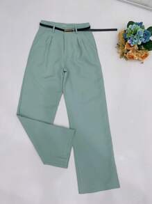 Women's Set: Summer Sleeveless Solid Color Round Neck Top And Wide Leg Pants With Belt And Bag - Mint Green - View 4