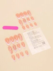 24片中号水滴形按压式假指甲贴片，简约珍珠撞色甜美酷炫日韩风女士指甲贴片，新款时尚指尖，配1片果冻胶和1片摩擦条，适合女性聚会、舞会、日常休闲装，可拆卸重复佩戴 - 彩色 - 查看 3