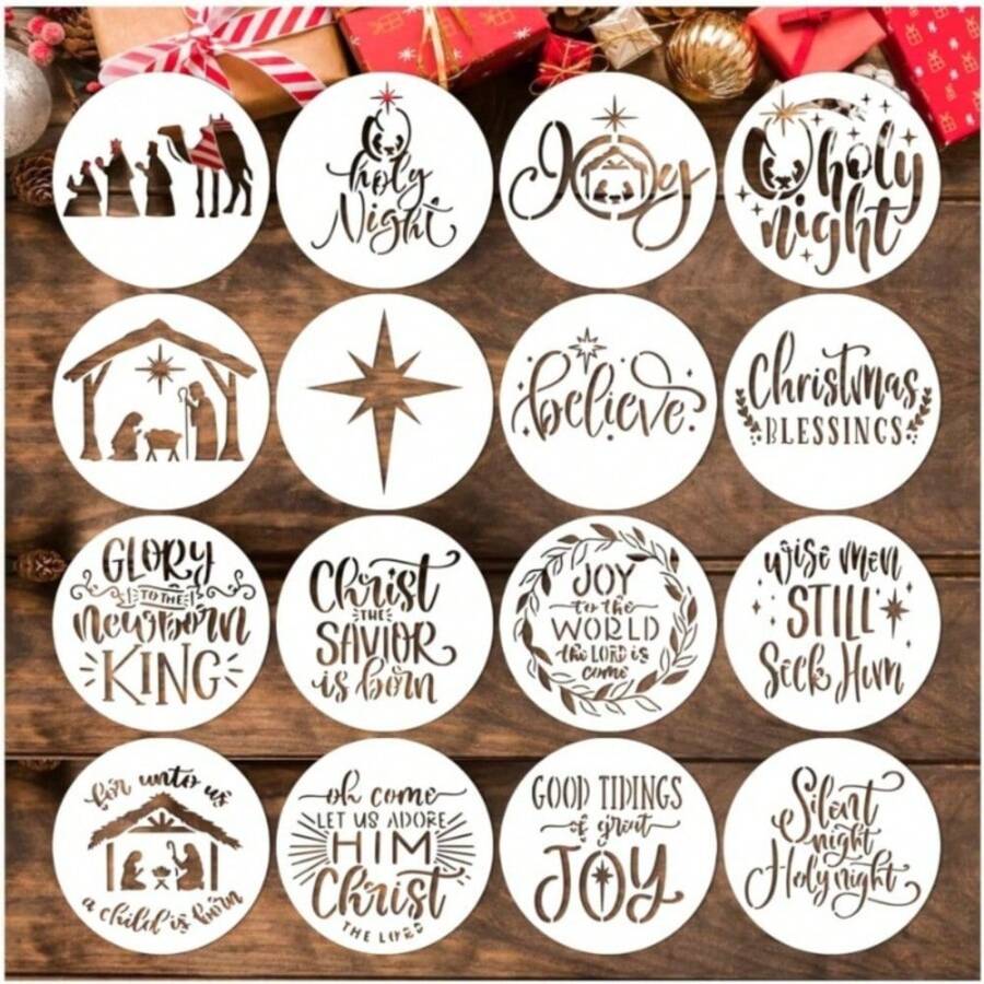 Khuôn nến Giáng sinh dùng để vẽ trên bánh quy gỗ, đồ trang trí nhỏ, khuôn nến cảnh Chúa giáng sinh dùng để làm đồ thủ công, đồ trang trí tiệc tại nhà bằng thủy tinh (16 hình Giáng sinh 4 vòng tròn) - Trắng - Xem 1