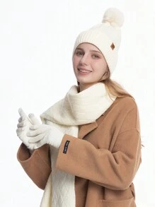 3pcs Set: Knitted Hat, Scarf, And Gloves, Warm Double-Layer Thermal Lined, Knit Beanie Cap For Women, Autumn/Winter