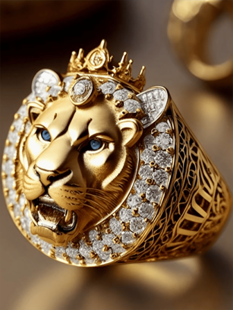 雄伟的狮子皇冠男士戒指，采用铜制成，镶嵌有合成方晶锆石，象征着勇气，适合派对、情人节、圣诞节、日常佩戴 - 礼物珠宝、妈妈、母亲、母亲节、礼物