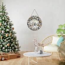 1 件圆形木制工艺装饰挂牌，创意圣诞老人设计，圣诞装饰 - 彩色 - 查看 3