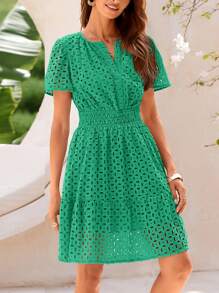 Women's Summer Skirt V-Neck Short Sleeve A-Line Hollow Lace Ruffled Cute Casual Dress - 綠色 - 查看 5
