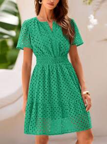 Women's Summer Skirt V-Neck Short Sleeve A-Line Hollow Lace Ruffled Cute Casual Dress - 綠色 - 查看 4