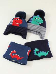 Set de 2 piezas: Gorro de esquí de punto con estampado de dinosaurio Y2K + Bufanda, gorra de invierno y calentador de cuello unisex para clima frío, uso casual de invierno